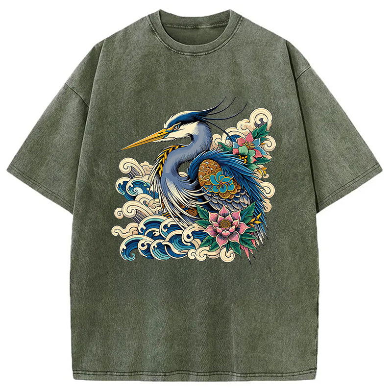 Cardydony Japanese Blue Heron Washed T-shirt