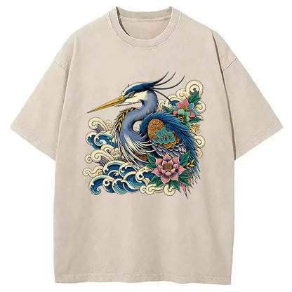 Cardydony Japanese Blue Heron Washed T-shirt