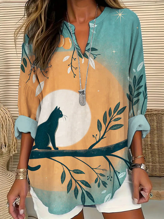 Cardydony Japanese Cat Pattern Women's Linen Shirt