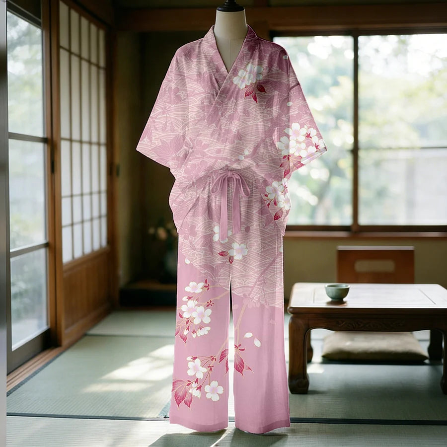 Cardydony Japanese Cherry Blossom Art Flowy Kimono Set