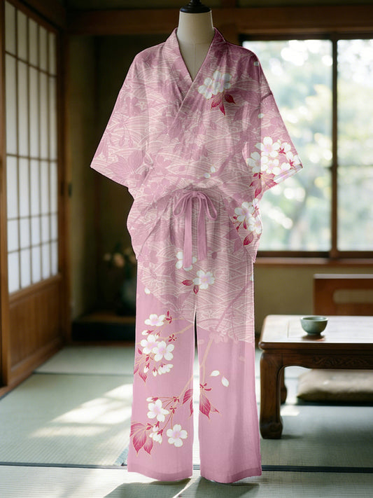 Cardydony Japanese Cherry Blossom Art Flowy Kimono Set
