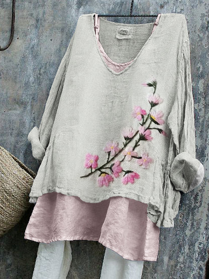 Cardydony Japanese Cherry Blossom Embroidered Linen Tunic