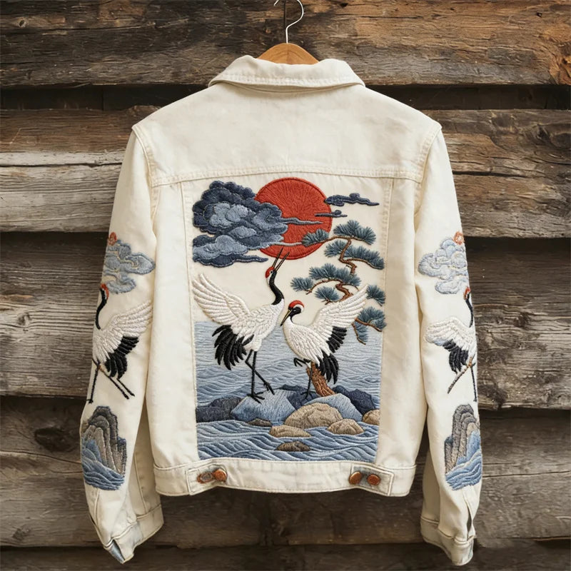 Cardydony Japanese Cranes Sea Waves Sunrise Denim Jacket