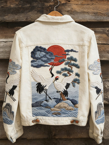 Cardydony Japanese Cranes Sea Waves Sunrise Denim Jacket