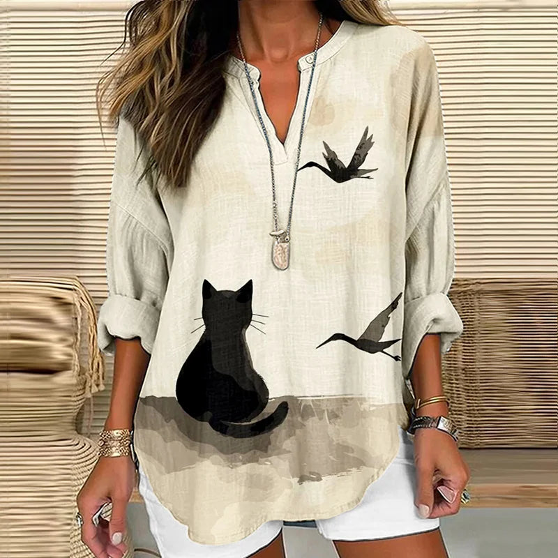 Cardydony Japanese Ink Cat Art Print Vintage Linen Tunic