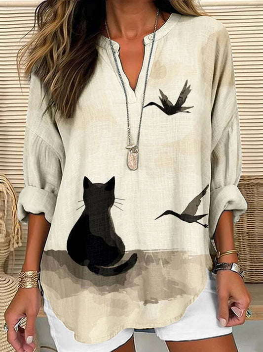 Cardydony Japanese Ink Cat Art Print Vintage Linen Tunic