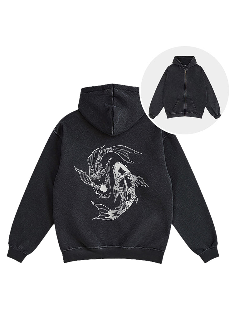 Cardydony Japanese Streetwear Koi Fish Washed Zip Hoodie