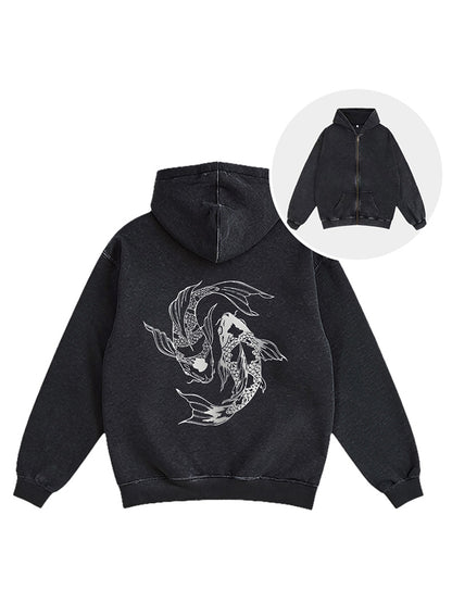 Cardydony Japanese Streetwear Koi Fish Washed Zip Hoodie