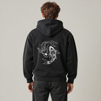 Cardydony Japanese Streetwear Koi Fish Washed Zip Hoodie