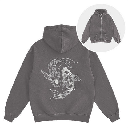 Cardydony Japanese Streetwear Koi Fish Washed Zip Hoodie