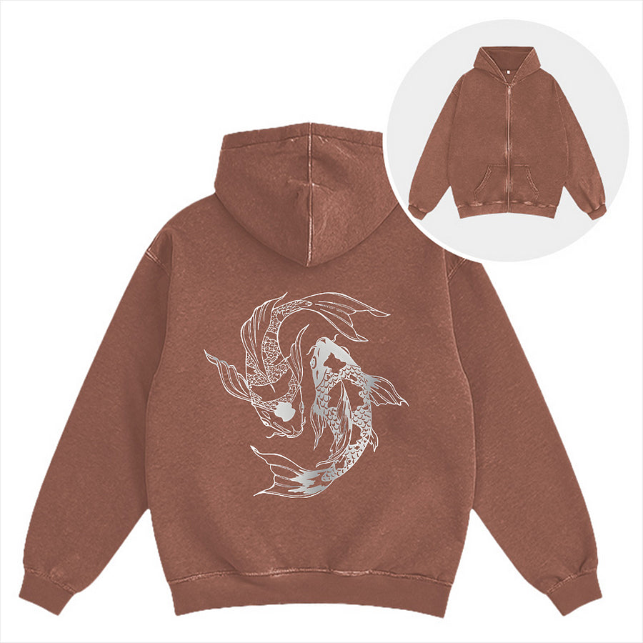 Cardydony Japanese Streetwear Koi Fish Washed Zip Hoodie
