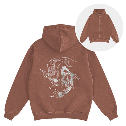 Cardydony Japanese Streetwear Koi Fish Washed Zip Hoodie