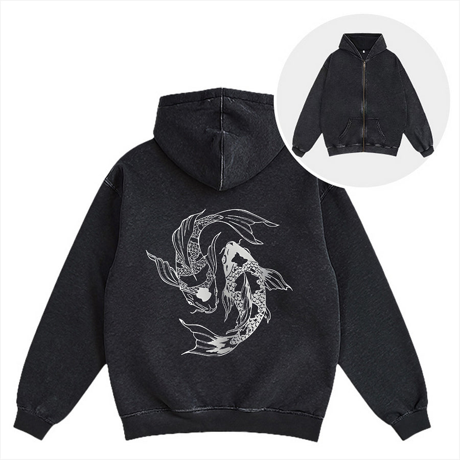 Cardydony Japanese Streetwear Koi Fish Washed Zip Hoodie