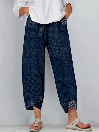 Cardydony Japanese Traditional Sashiko Art Cropped Casual Pants