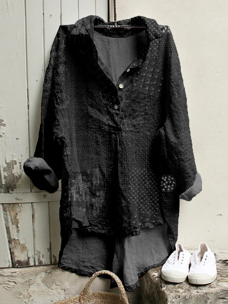 Cardydony Japanese Traditional Sashiko Art Linen Blend High Low Tunic