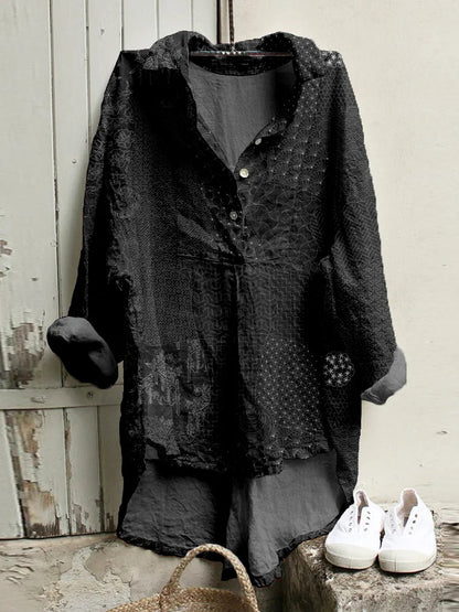 Cardydony Japanese Traditional Sashiko Art Linen Blend High Low Tunic