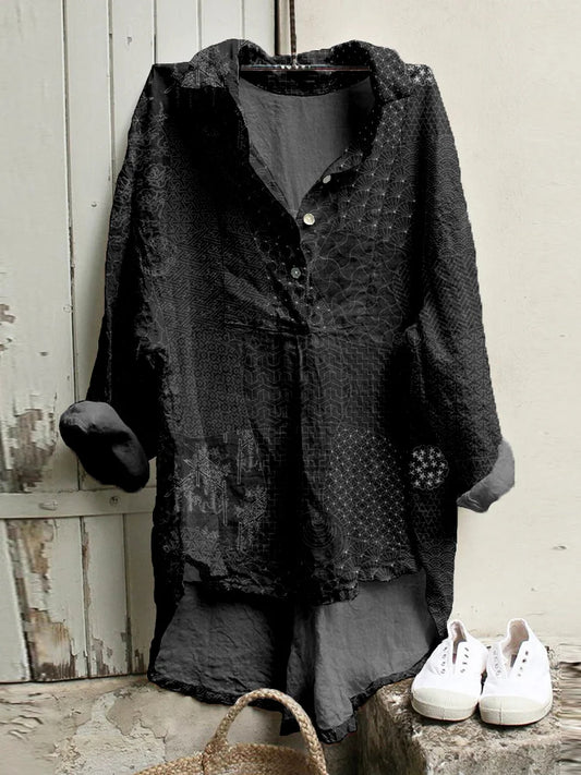 Cardydony Japanese Traditional Sashiko Art Linen Blend High Low Tunic