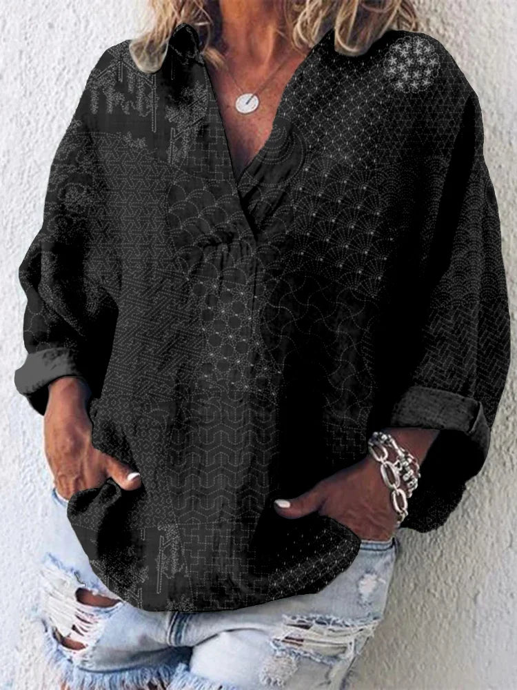 Cardydony Japanese Traditional Sashiko Art Linen Blend Tunic