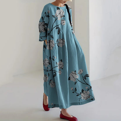 Cardydony Keffiyeh Roses Printed Cotton Linen Dress