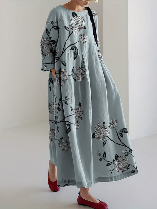 Cardydony Keffiyeh Roses Printed Cotton Linen Dress
