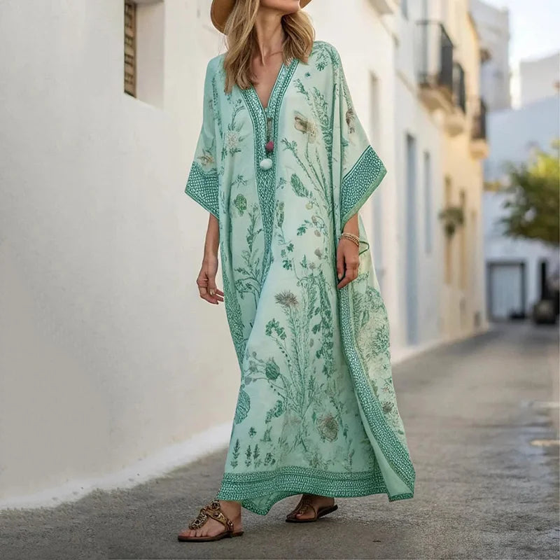 Cardydony Long Sleeve Kaftan Linen Vacation Maxi Dress