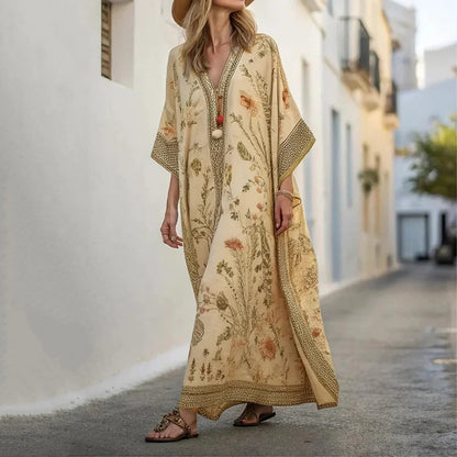 Cardydony Long Sleeve Kaftan Linen Vacation Maxi Dress