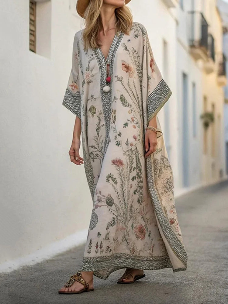 Cardydony Long Sleeve Kaftan Linen Vacation Maxi Dress