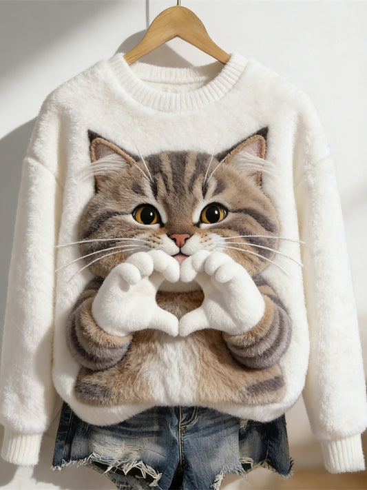 Cardydony Love Signs Cat Fun Animal Women's Soft Plush Sweater