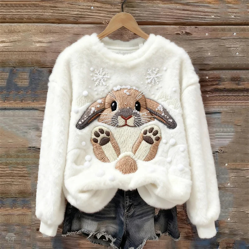 Cardydony Lovely Bunny & Snow Embroidered Cozy Plush Sweatshirt
