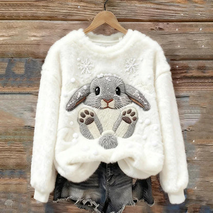 Cardydony Lovely Bunny & Snow Embroidered Cozy Plush Sweatshirt