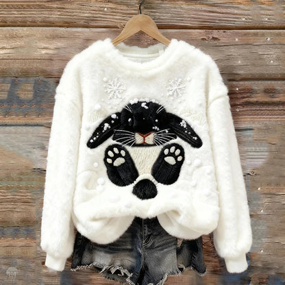 Cardydony Lovely Bunny & Snow Embroidered Cozy Plush Sweatshirt