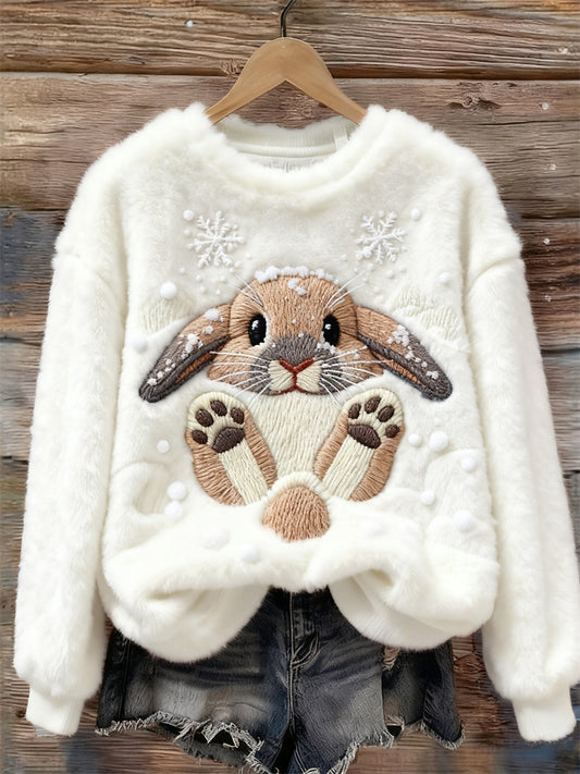 Cardydony Lovely Bunny & Snow Embroidered Cozy Plush Sweatshirt