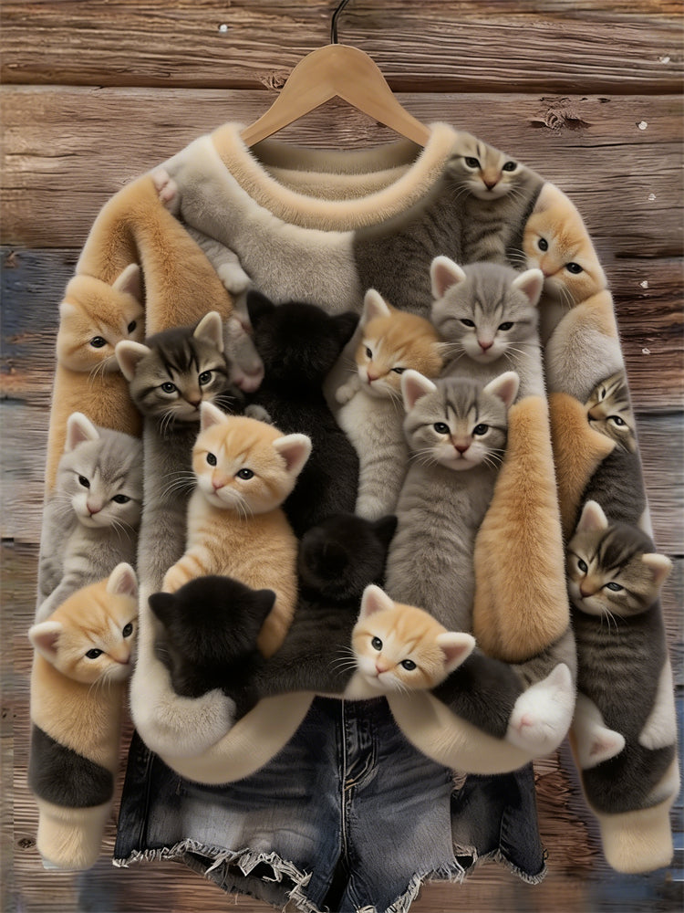 Cardydony Lovely Crowded Cats Felt Art Cozy Plush Sweatshirt