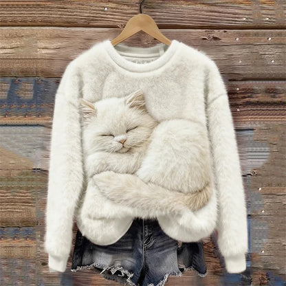 Cardydonyt Lovely Sleeping Fuzzy Cat Cozy Plush Sweatshirt