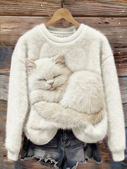 Cardydonyt Lovely Sleeping Fuzzy Cat Cozy Plush Sweatshirt
