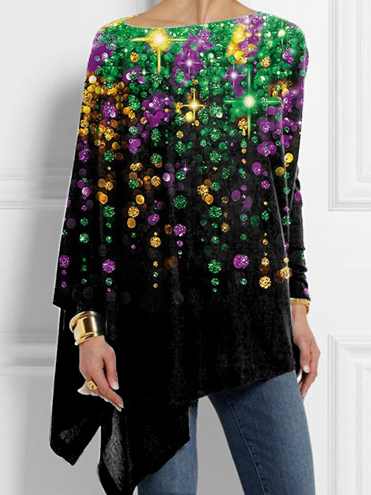Cardydony Mardi Gras Print Irregular Casual T-Shirt