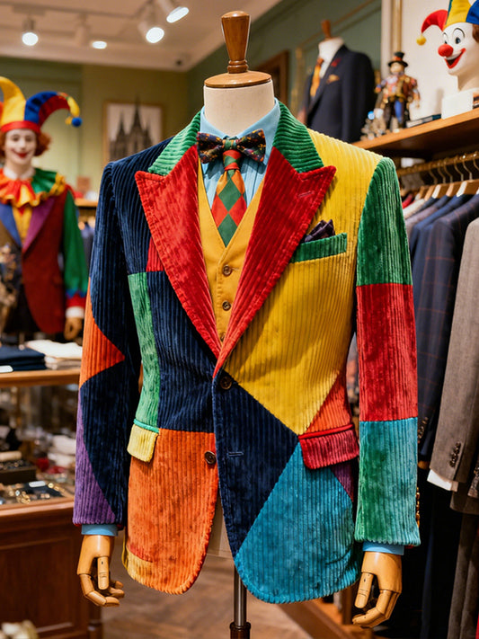 Cardydony Men's Carnival Color Block Patchwork Corduroy Suit Jacket