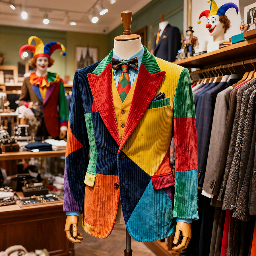 Cardydony Men's Carnival Color Block Patchwork Corduroy Suit Jacket