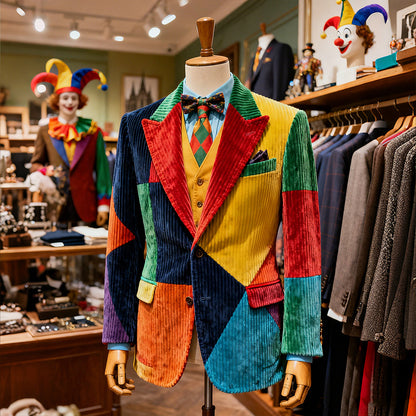 Cardydony Men's Carnival Color Block Patchwork Corduroy Suit Jacket
