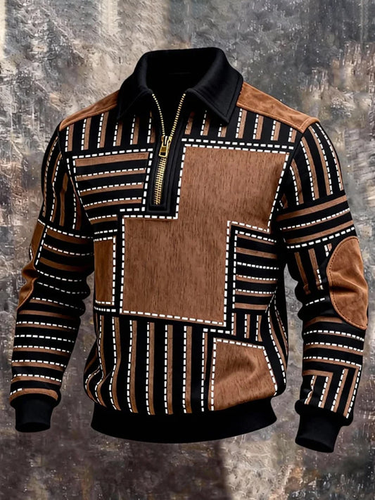 Cardydony Men's Contrast Color Print Half Zip Lapel Sweatshirt