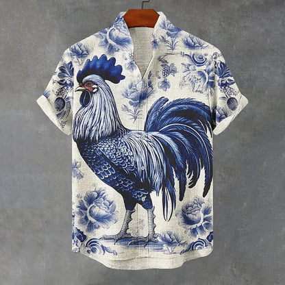 Cardydony Men's Delft Blue Floral Chicken Print Casual Shirt