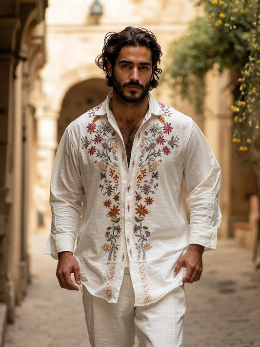 Cardydony Men's Floral Embroidered Linen Casual Long Sleeve Shirt
