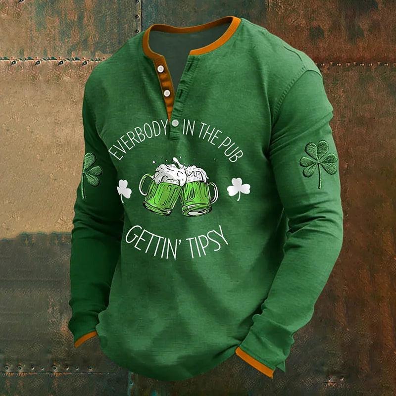 Cardydony Men's Funny St Patrick's Day Everybody In The Pub Gettin Tipsy Green Beer Shamrock Print Long Sleeve T-shirt