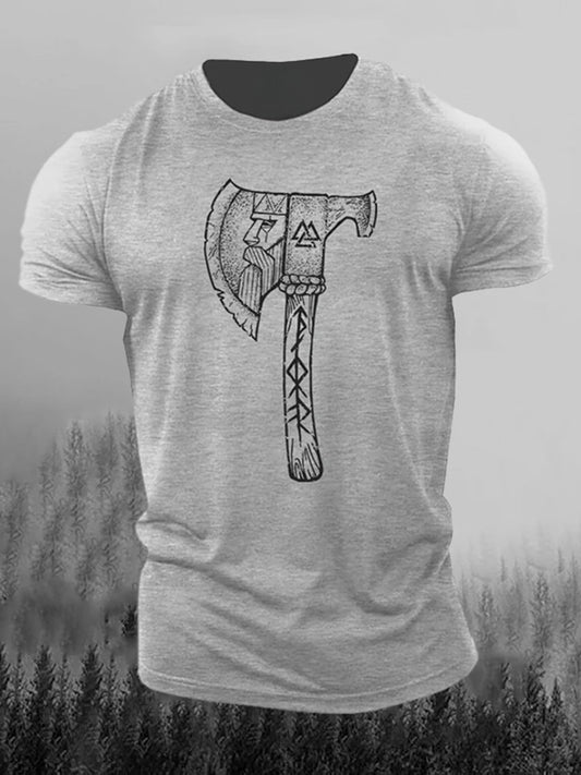 Cardydony Men's Retro Axe And Viking Rune Print Short-sleeve T-shirt