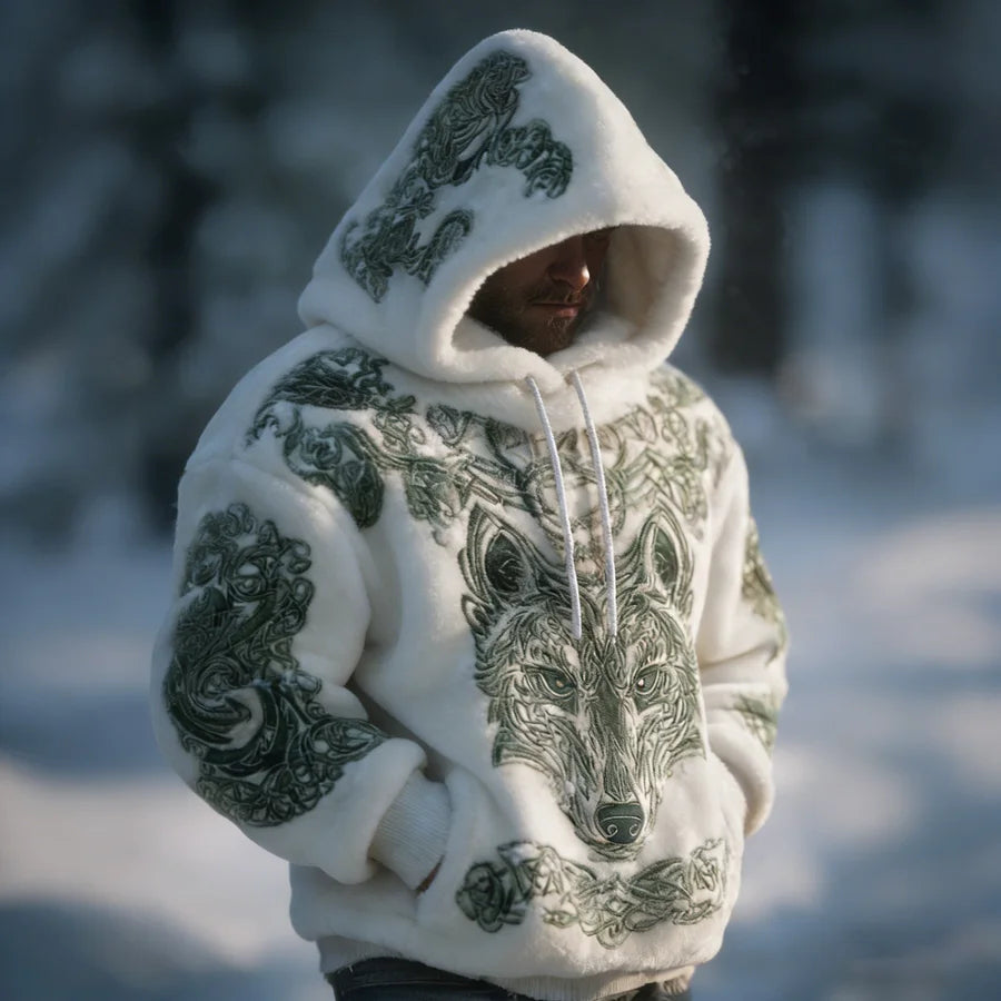 Cardydony Men's Retro Celtic Knot And Wolf Pattern Comfortable Plush Hooded Sweatshirt