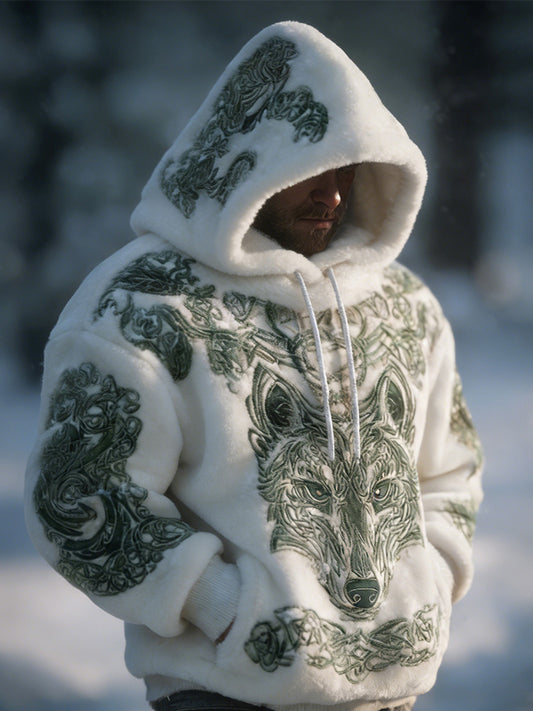 Cardydony Men's Retro Celtic Knot And Wolf Pattern Comfortable Plush Hooded Sweatshirt