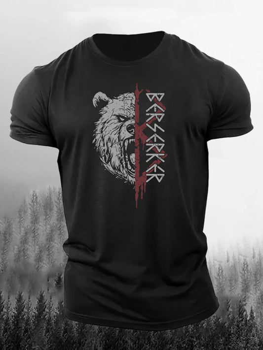 Cardydony Men's Retro Viking Bear And Rune Print Short-sleeve T-shirt