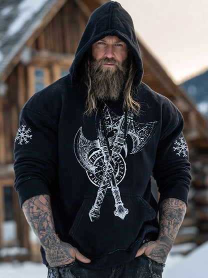 Cardydony Men's Retro Viking Vegvisir With Axe Print Graphic Hoodie