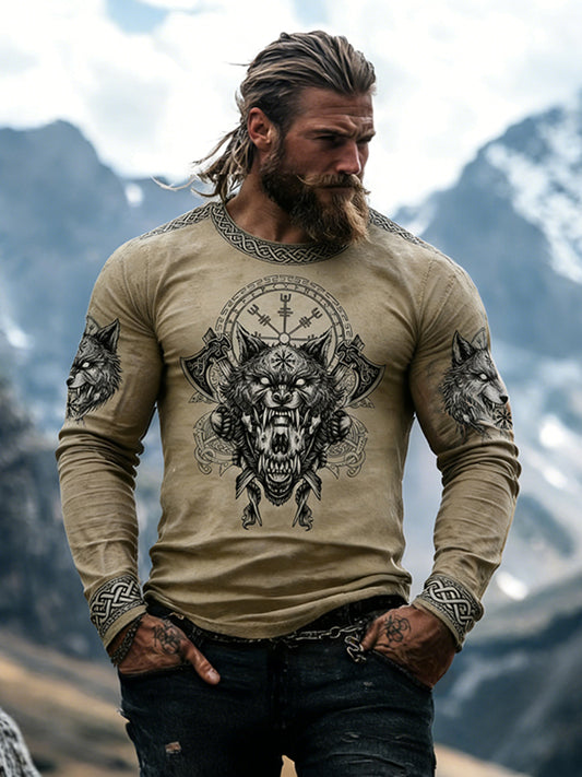 Cardydony Men's Retro Viking Wild Wolf Celtic Print Graphic T-shirt