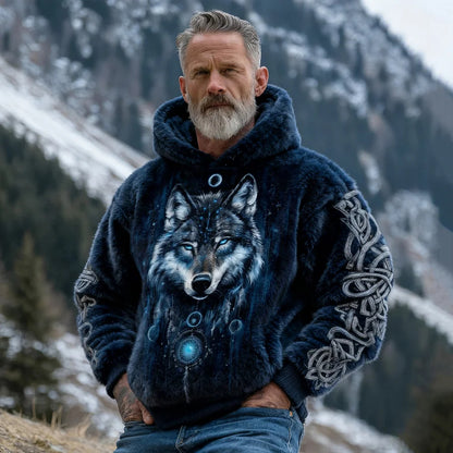 Cardydony Men's Retro Viking Wolf Celtic Design Pattern Flannel Hoodie